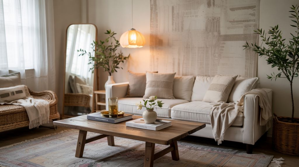 Cozy modern-luxe living room in a recently refreshed rental home, neutral décor, layered pillows, plants, and renter-friendly upgrades.