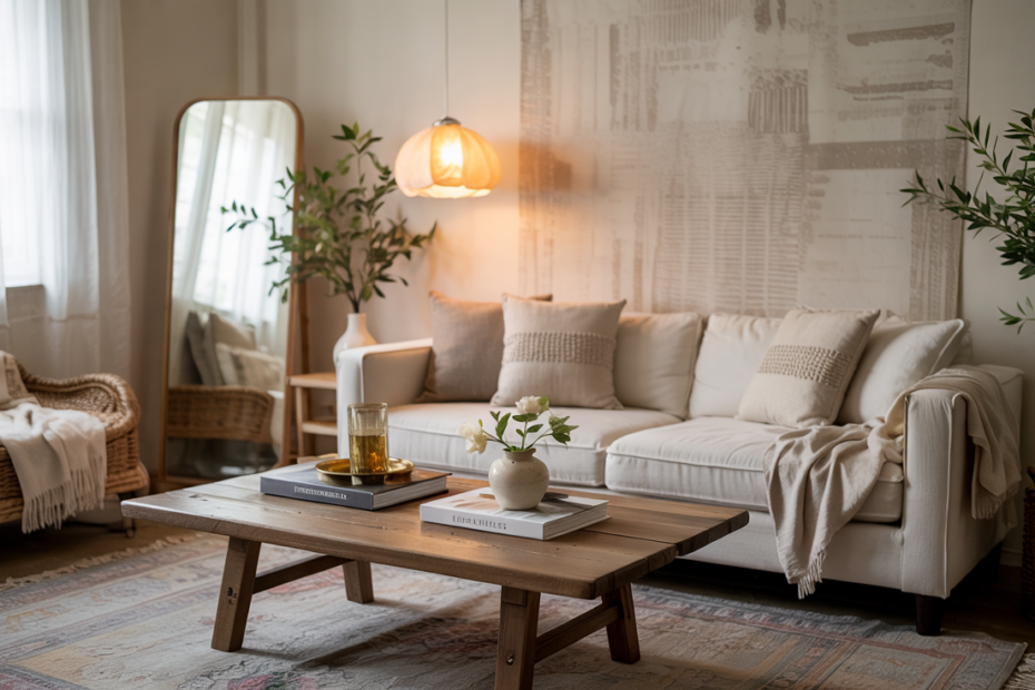 Cozy modern-luxe living room in a recently refreshed rental home, neutral décor, layered pillows, plants, and renter-friendly upgrades.