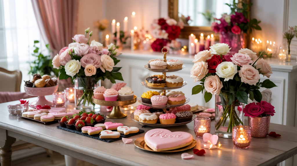 Valentine’s Day party cover scene with romantic décor, abundant desserts, heart-shaped treats, donuts, drinks with heart garnishes, rose petals, candles, and cozy luxe styling—no people.