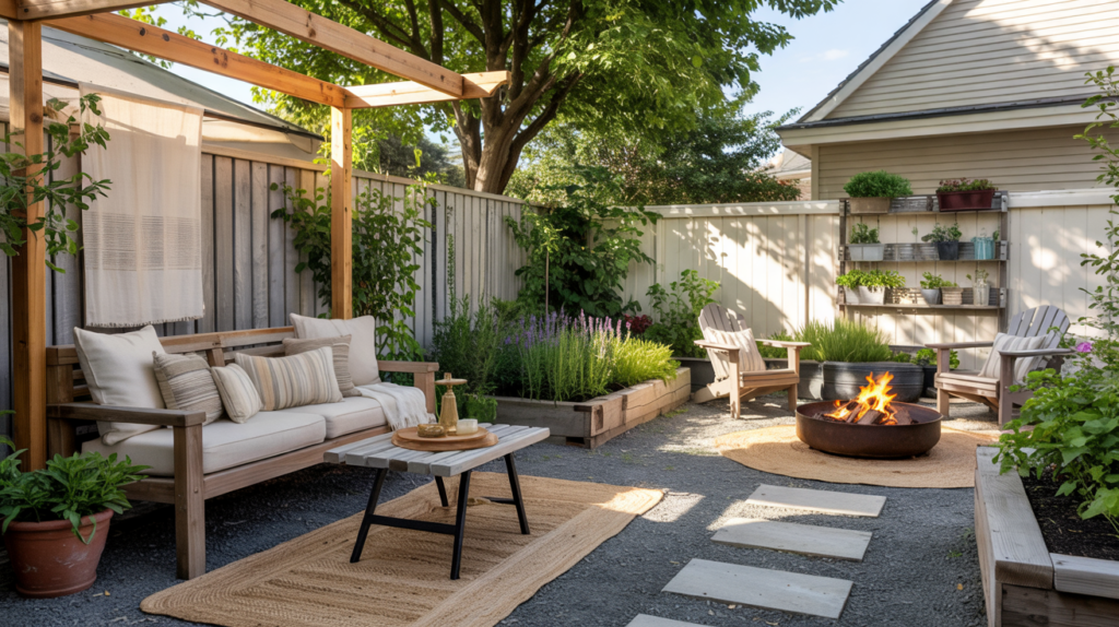 Lush upgraded backyard at golden hour showing a gravel path, modern pergola seating, raised herb bed, small firepit, and a freshly painted two-tone fence.