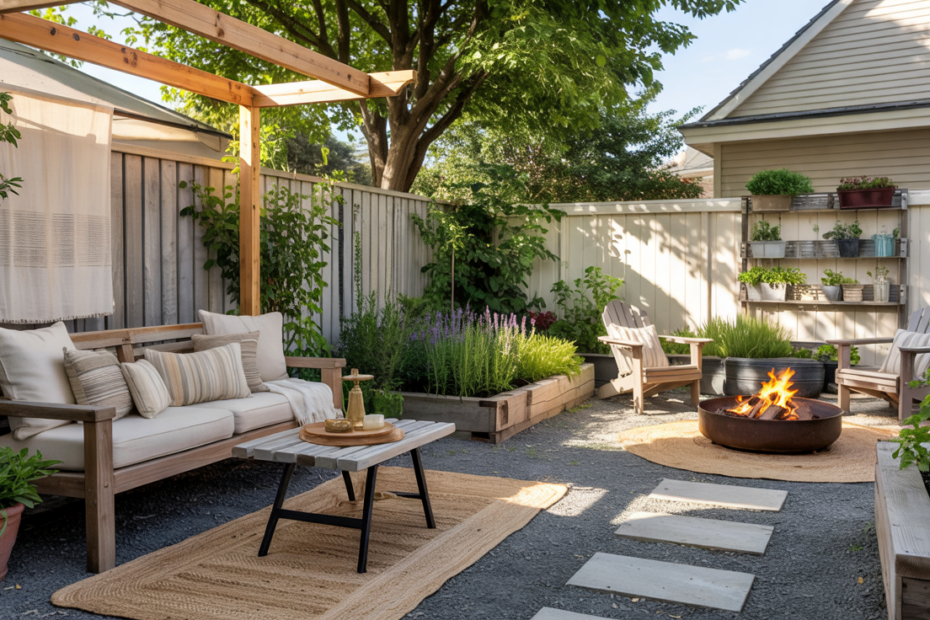 Lush upgraded backyard at golden hour showing a gravel path, modern pergola seating, raised herb bed, small firepit, and a freshly painted two-tone fence.
