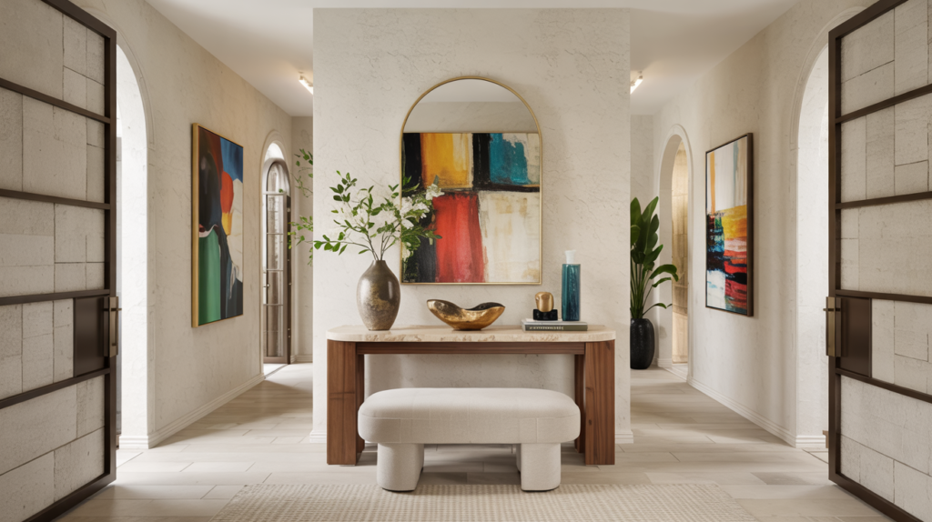 Luxury modern colorful entryway with jewel-toned accent wall, walnut console, velvet bench, layered rugs, sculptural décor, and cozy-luxe style.