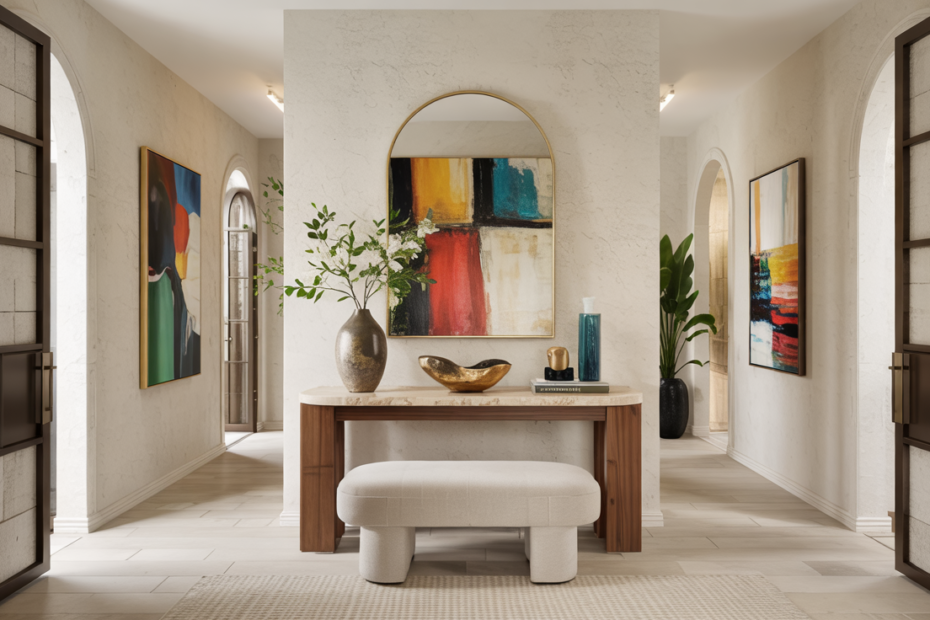 Luxury modern colorful entryway with jewel-toned accent wall, walnut console, velvet bench, layered rugs, sculptural décor, and cozy-luxe style.