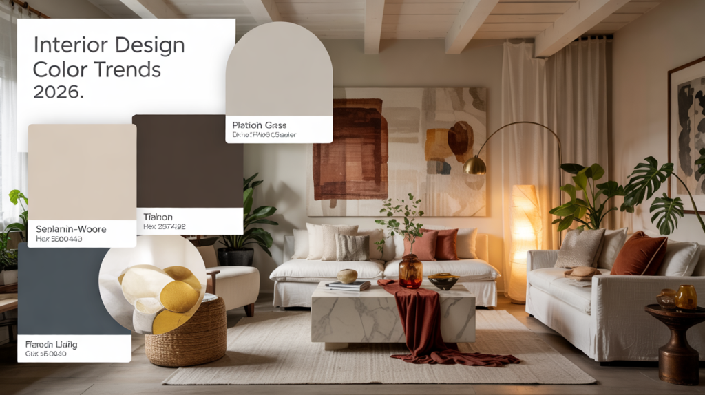 Living room cover photo showing 2026 color trends: Cloud Dancer off-white walls, Universal Khaki linen sectional , Silhouette AF-655 media wall with reddened-earth pillows and lemon-chiffon ceramics—luxe, cozy, modern.