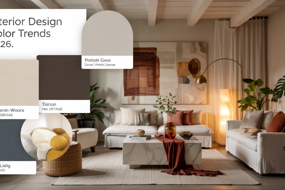 Living room cover photo showing 2026 color trends: Cloud Dancer off-white walls, Universal Khaki linen sectional , Silhouette AF-655 media wall with reddened-earth pillows and lemon-chiffon ceramics—luxe, cozy, modern.