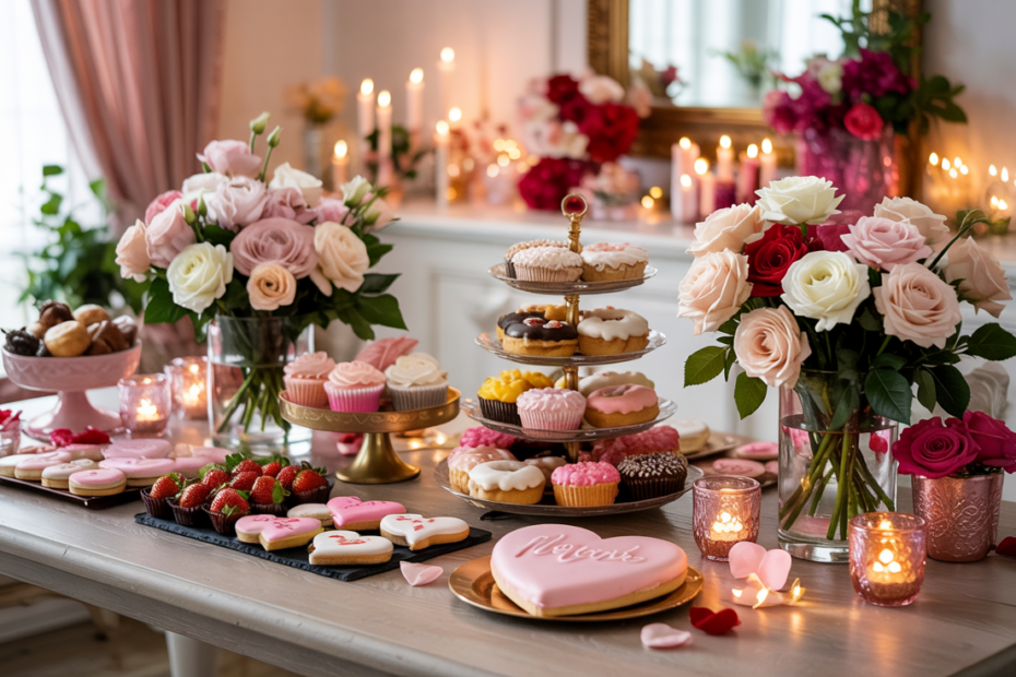 Valentine’s Day party cover scene with romantic décor, abundant desserts, heart-shaped treats, donuts, drinks with heart garnishes, rose petals, candles, and cozy luxe styling—no people.