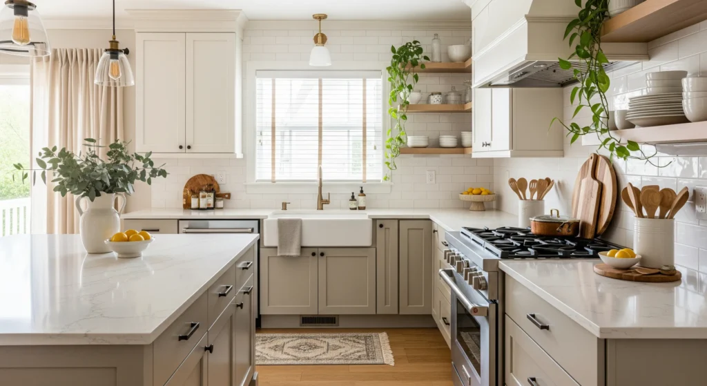 Newly reset modern transitional kitchen with balanced minimalist and maximalist styling, two-tone cabinets, quartz counters, warm lighting, subtle decor, and a calm yet curated lived-in look.