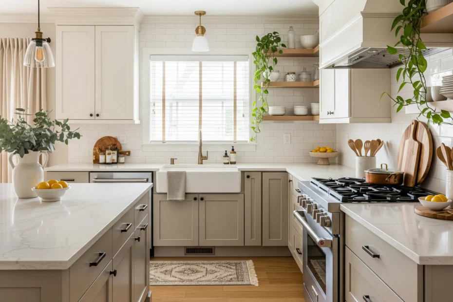 Newly reset modern transitional kitchen with balanced minimalist and maximalist styling, two-tone cabinets, quartz counters, warm lighting, subtle decor, and a calm yet curated lived-in look.