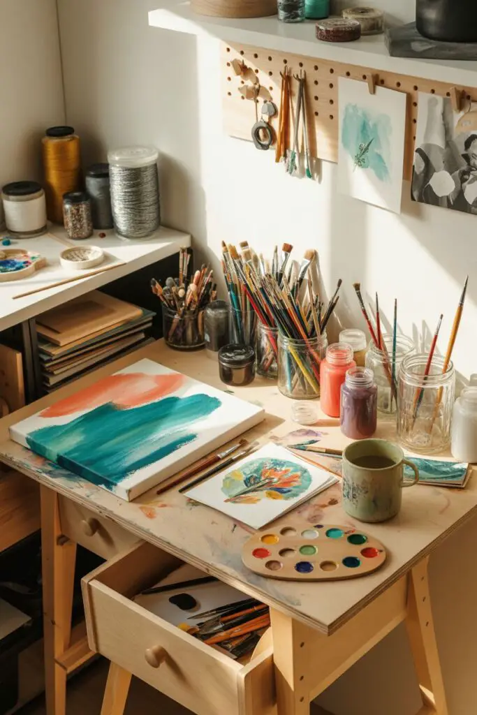 Vibrant craft nook with a paint-splattered worktable, brushes in jars, half-finished canvases, colorful supplies, and steam rising from a nearby cup showing it’s in use.