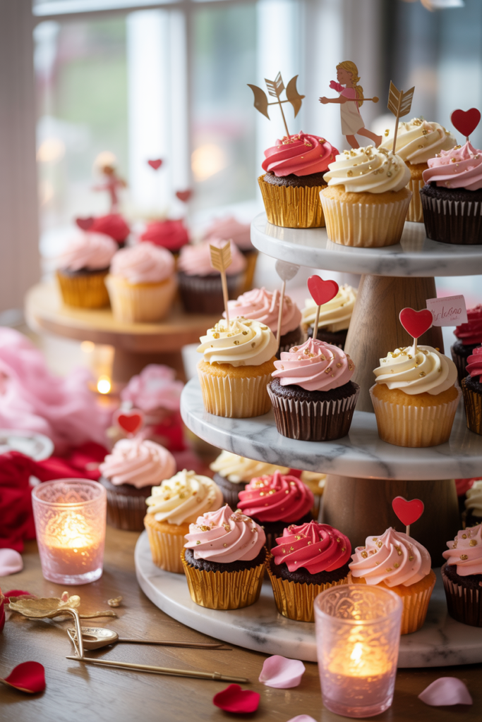 Cupid-themed Valentine’s cupcakes with pink and red frosting, festive toppers, tiered display, rose petals, and cozy luxe décor for a romantic party setup.