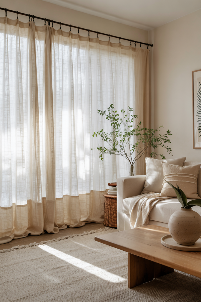 Living room with high-mounted, floor-length curtains, neutral décor, natural light, and renter-friendly upgrade to visually raise ceilings.