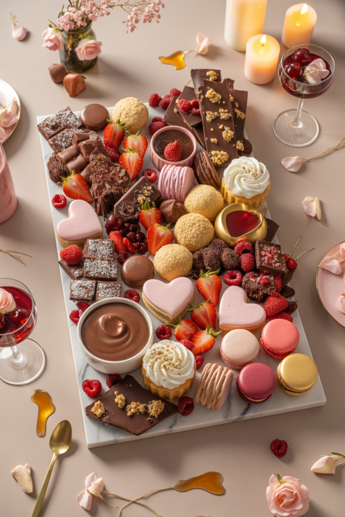 Valentine’s drinks with floating heart-shaped strawberry and watermelon garnishes, frozen fruit hearts as ice cubes, and romantic pink cocktails styled for an elegant party setup.