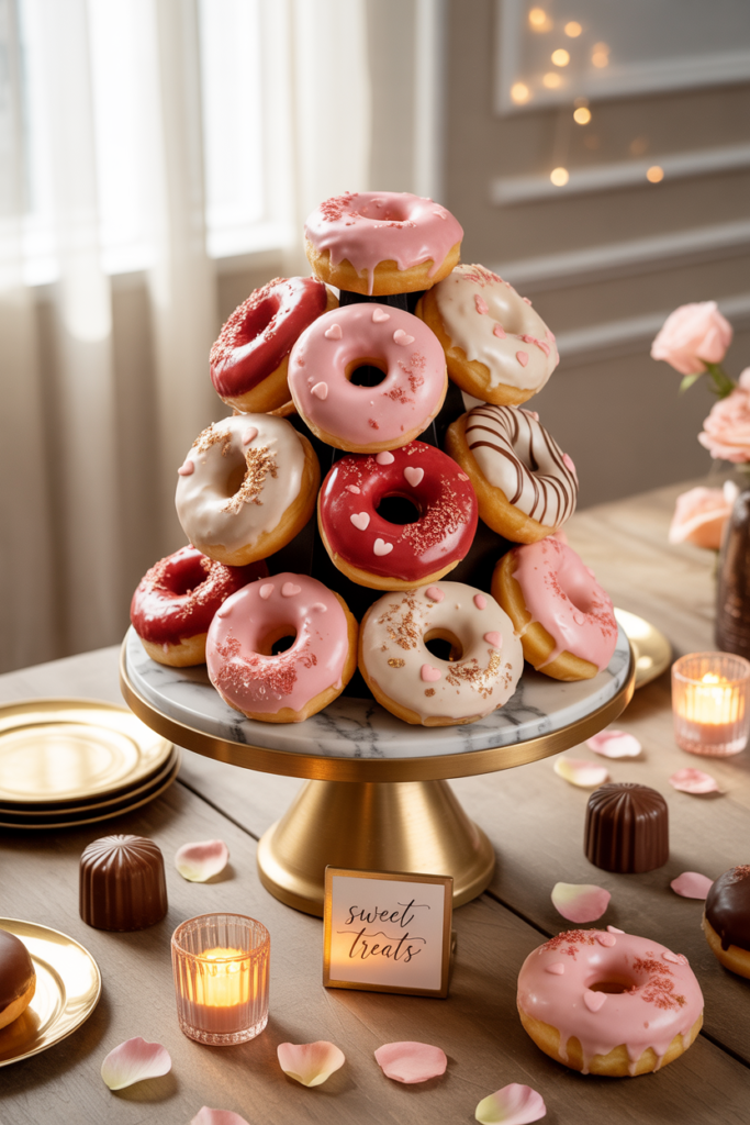 Valentine’s Day donut tower with pink, red, and white glazed donuts, heart sprinkles, and cozy luxe décor styled as a festive adult party treat station.