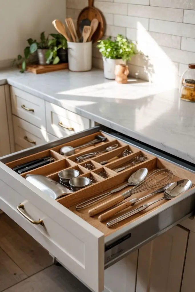 Wide drawer fitted with bamboo modular organizers and adjustable dividers holding spatulas, whisks, tongs, cutlery trays, measuring spoons and neatly arranged spice jars — bright quartz countertop and subtle pendant reflections.