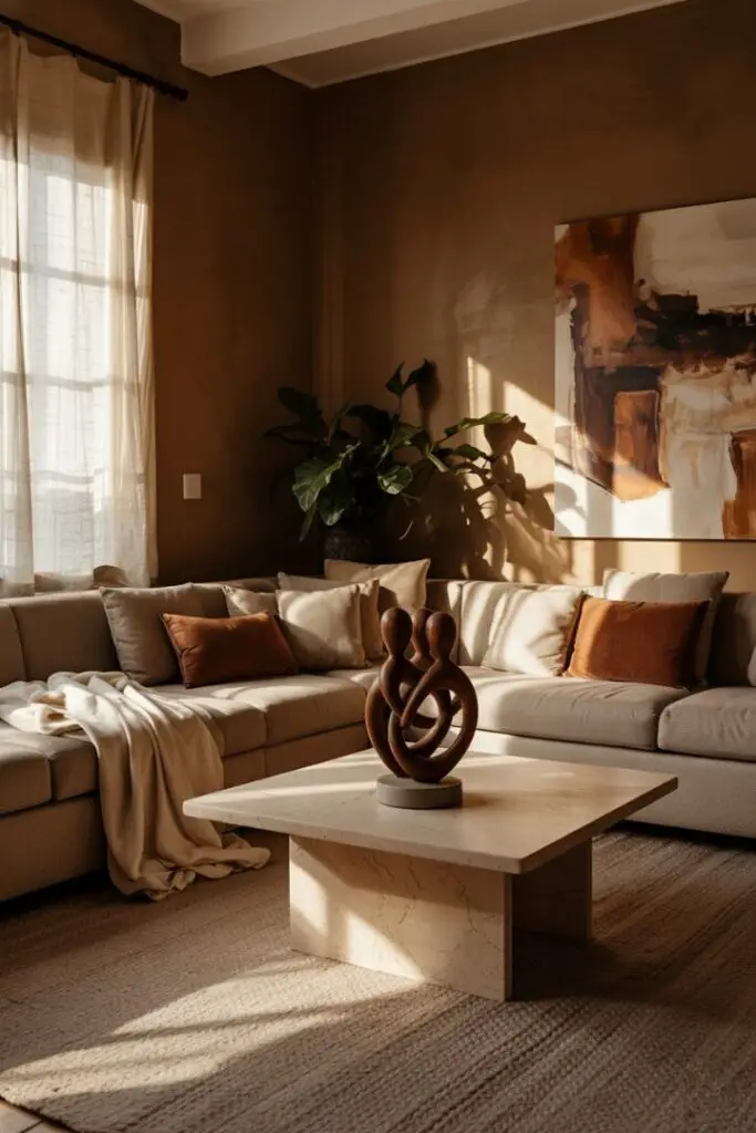 Modern warm-luxe living room with earthy chocolate brown wall paint (#4A3528), camel linen sofa, walnut floors, travertine coffee table, and soft golden lighting—cozy 2026 interior color.