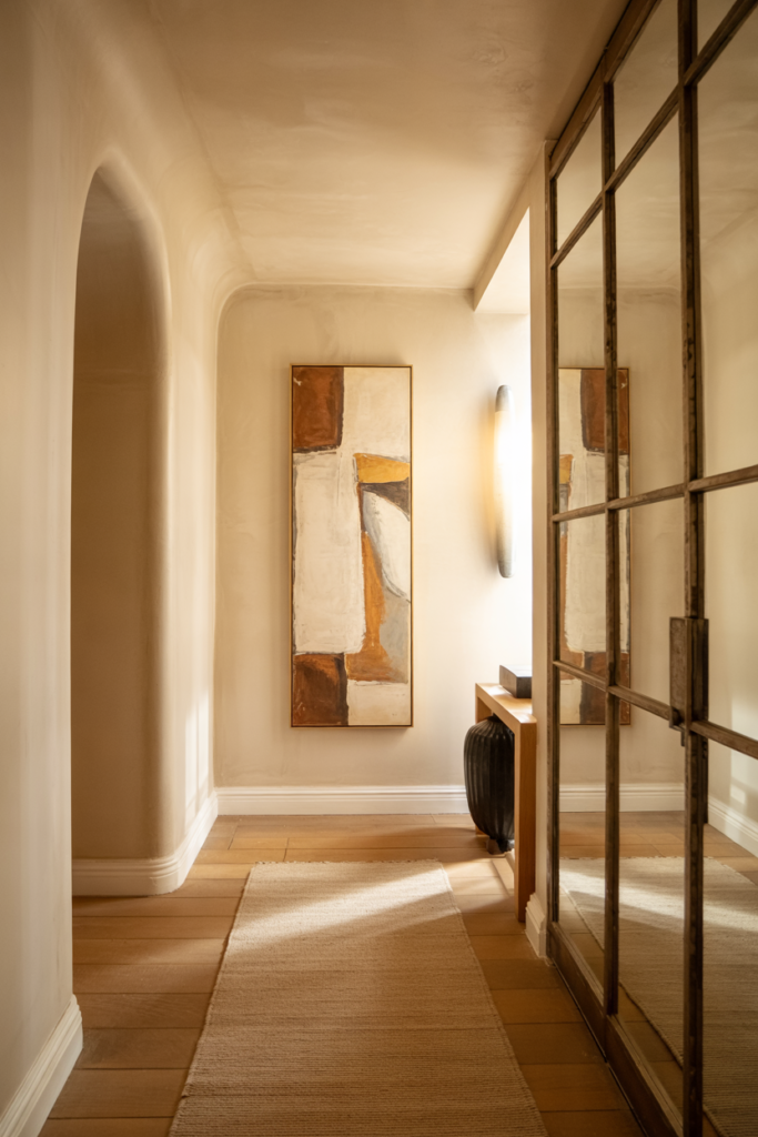 Narrow elegant entryway with mirrored walls, vertical lighting, tall art, and warm modern luxe styling for small spaces.