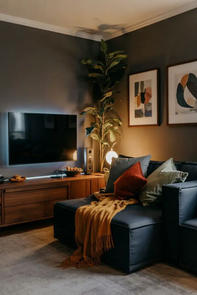 Immersive entertainment nook with plush seating, glowing screen, gaming console setup, layered lighting, and cozy lived-in details for relaxed play.