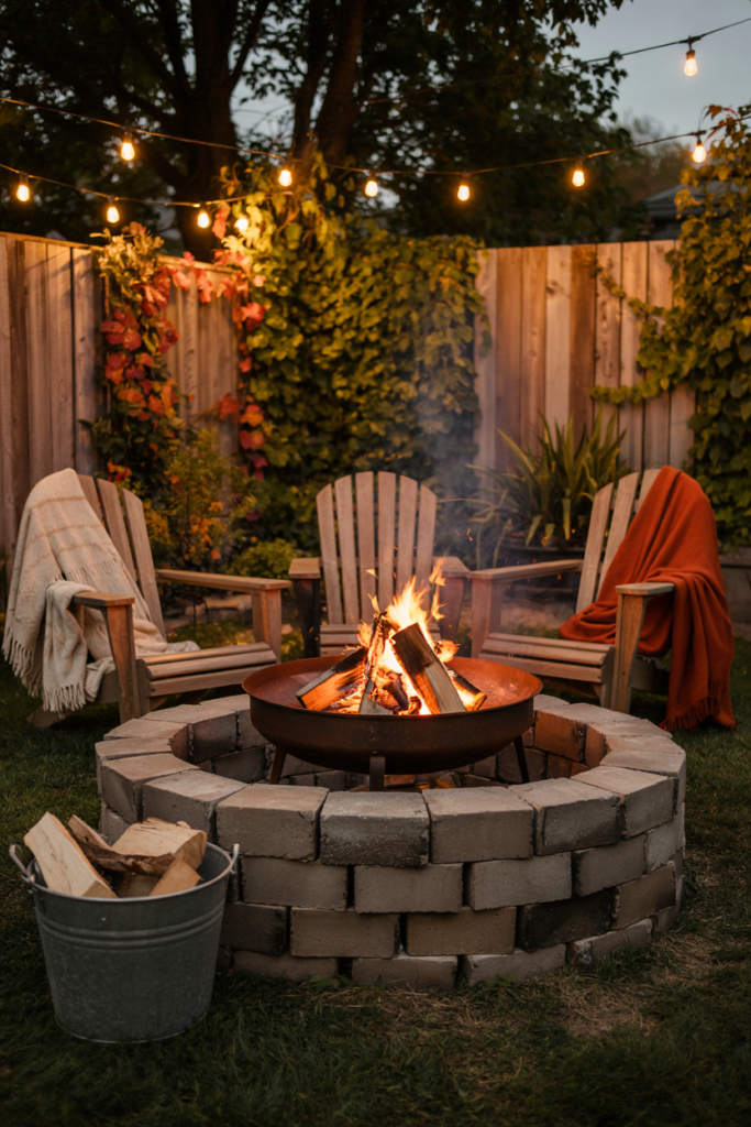 DIY backyard fire pit made from concrete pavers and a repurposed steel ring, surrounded by cozy seating on a crisp autumn evening.