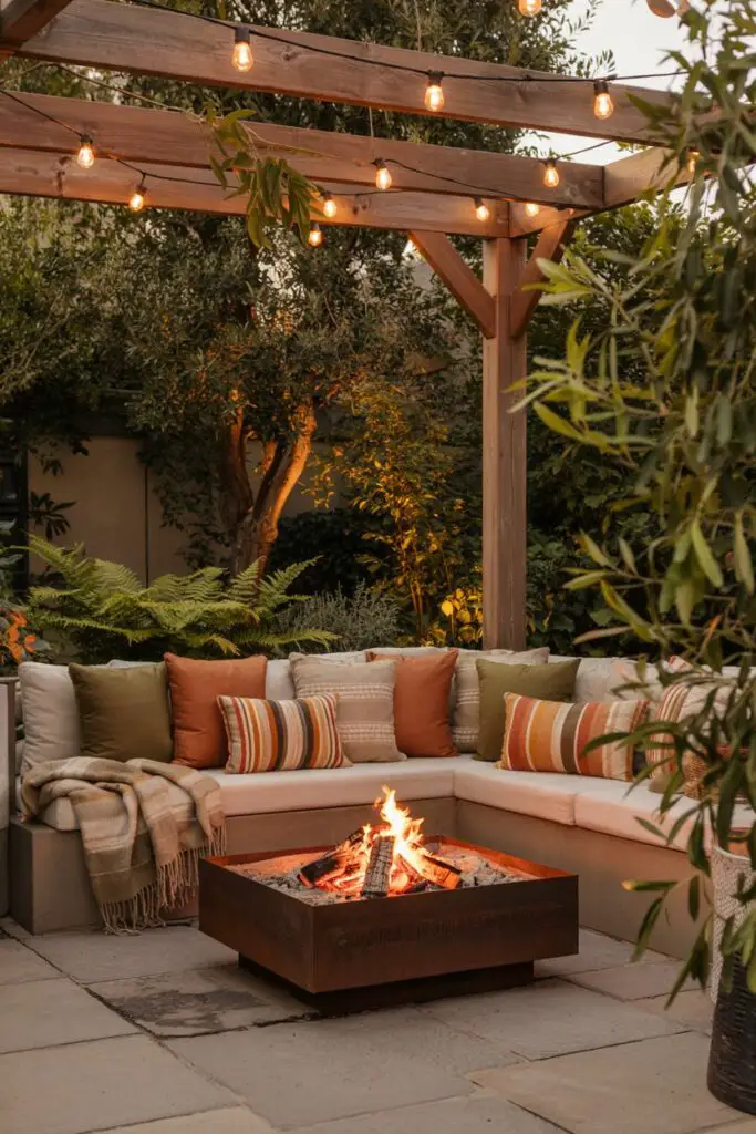 Cozy pergola garden nook with L-shaped bench, deep cushions, warm throw pillows, glowing fire pit, string lights, and lush greenery creating an inviting outdoor lounge.
