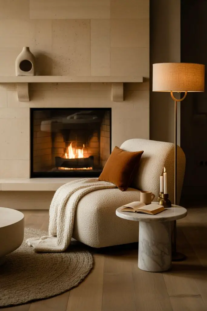 Warm fireplace nook with a plush chair, glowing fire, soft throws, and a book-lit side table creating an intimate reading retreat.