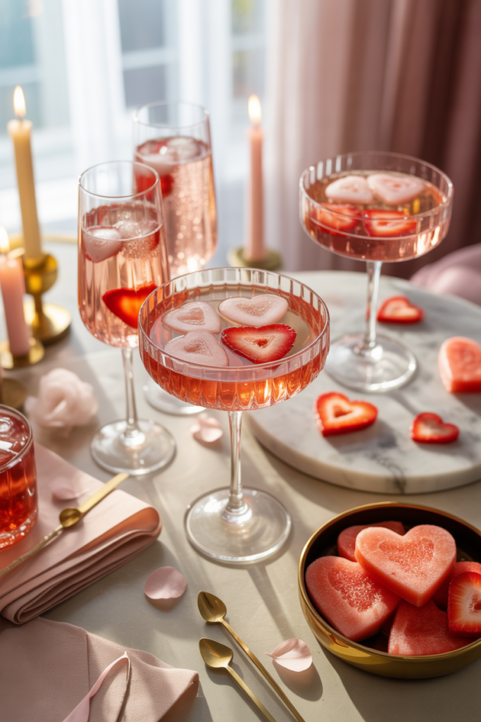 Valentine’s drinks with floating heart-shaped strawberry and watermelon garnishes, frozen fruit hearts as ice cubes, and romantic pink cocktails styled for an elegant party setup.