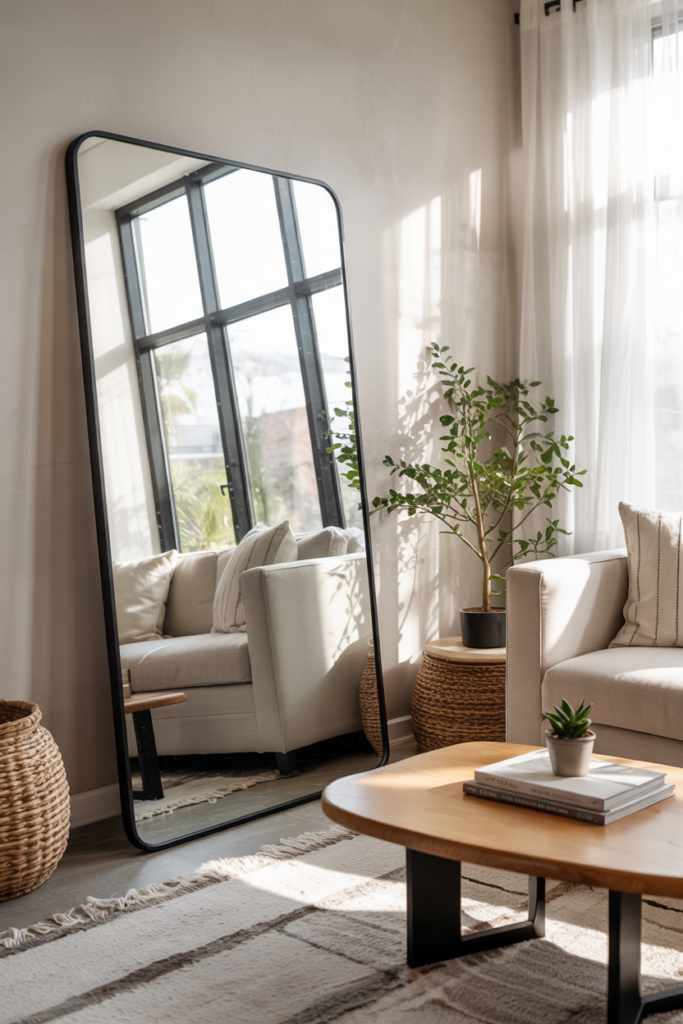 Living room with large floor mirror, neutral sofa, bright natural light, and renter-friendly upgrade to make the room feel bigger.