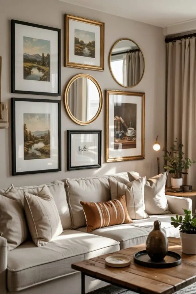 Living room with framed art and mirrors using removable hardware, neutral décor, and renter-friendly stylish wall upgrade.