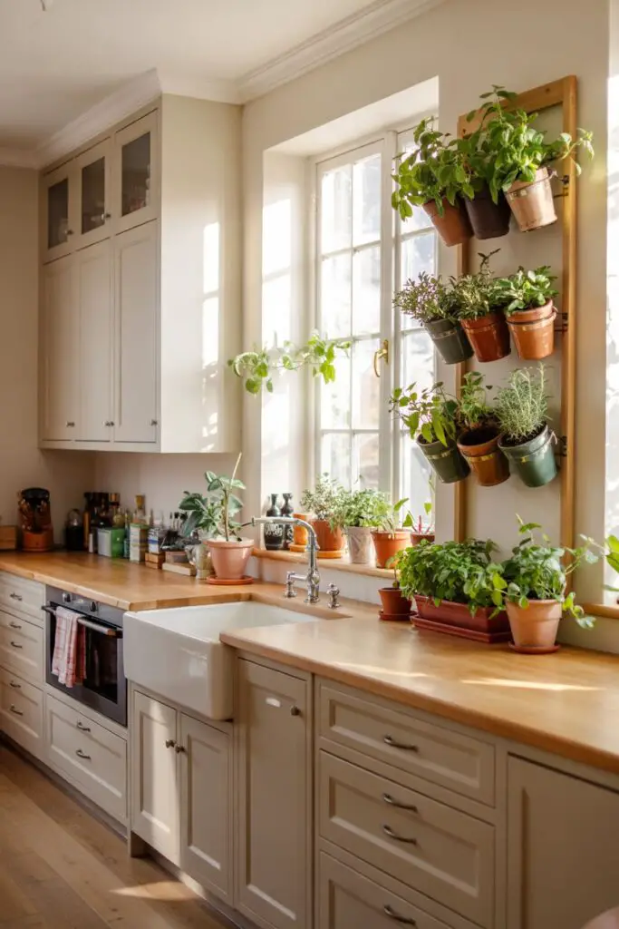Sunlit modern-transitional kitchen with small potted herbs on the windowsill, a vertical wall herb planter, and trailing plants on open shelves, adding fresh greenery and warmth to the refreshed space.