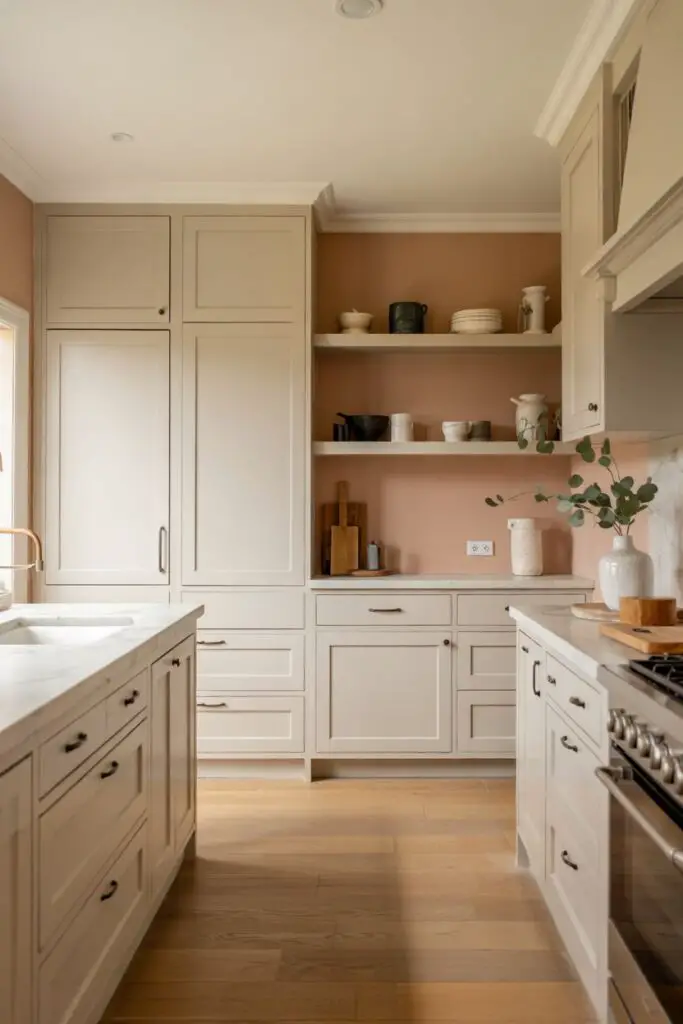 Modern transitional kitchen with a fresh warm neutral on walls, a muted terracotta (or dusty sage) accent wall, pale painted ceiling, two-tone cabinets, and minimal styling for a bright, newly refreshed look.