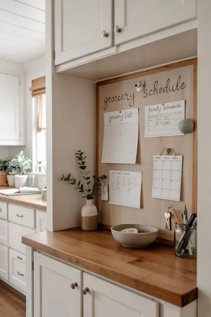 Compact command center with framed corkboard and small whiteboard pinned with calendars, grocery lists and recipe cards, wall pockets for mail, a ceramic key bowl and a jar of pens on a neat counter ledge.