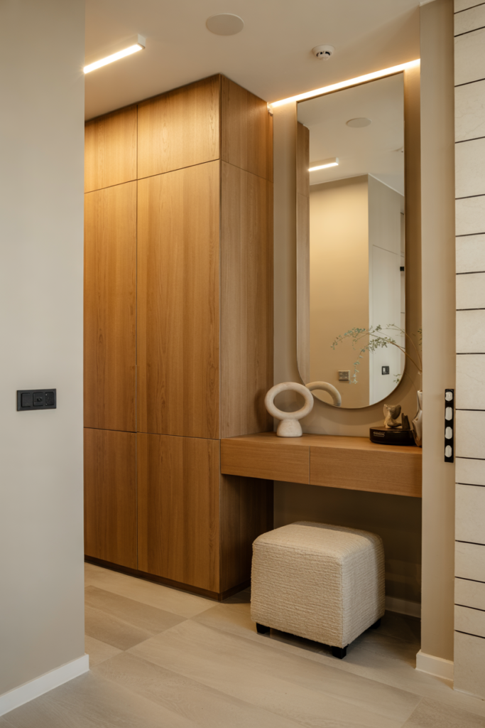 Smart functional entryway with hidden storage, seamless smart lock, motion lighting, and cozy modern luxe design.