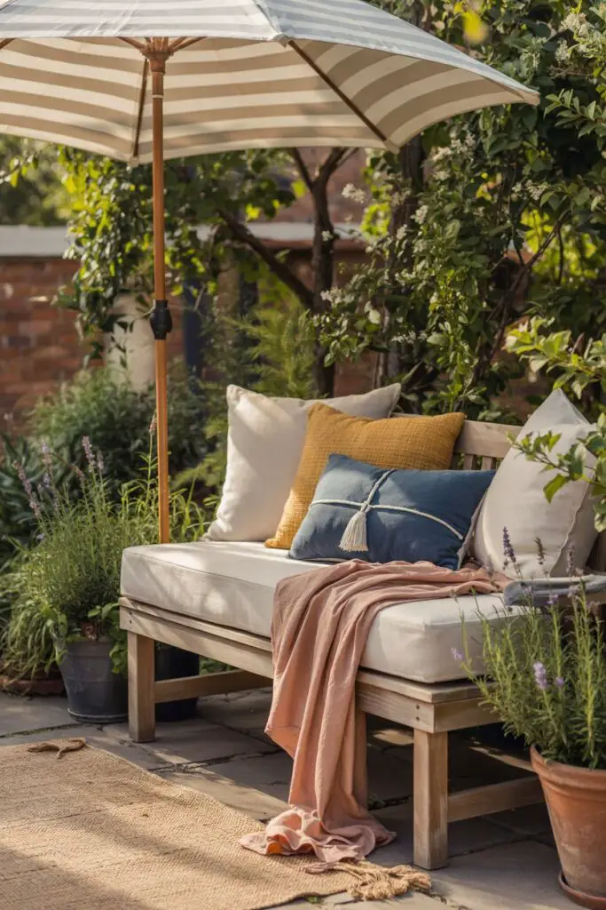 Shaded garden bench with navy-and-cream umbrella, layered cushions, straw hat, iced tea on a tray, terracotta pots, and lush greenery creating a colorful outdoor lounge.
