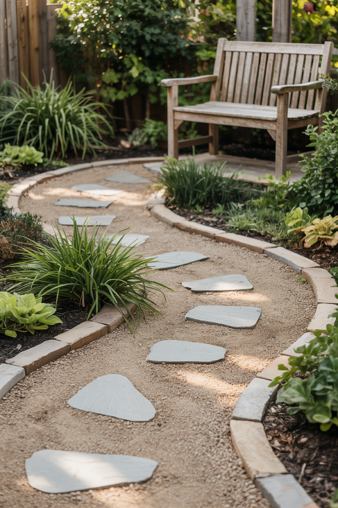 Budget-friendly backyard gravel path with gray stepping stones, framed by greenery and solar lights in a bright summer garden setting.