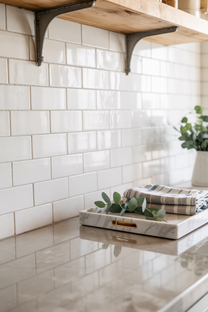 Modern transitional kitchen with freshly cleaned and re-grouted white tile backsplash, soft gray grout lines, and neatly re-caulked countertop edges, creating a bright, polished, newly refreshed look.