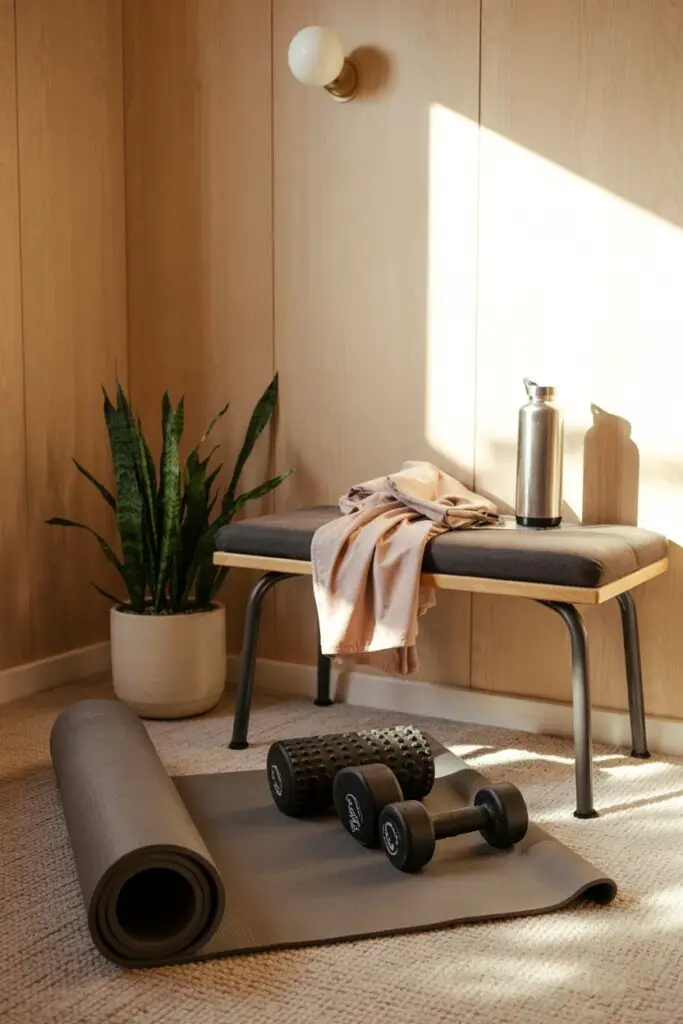 Energized home gym nook with a half-rolled yoga mat, dumbbells, towel-draped bench, water bottle, resistance band, and plant showing recent use.
