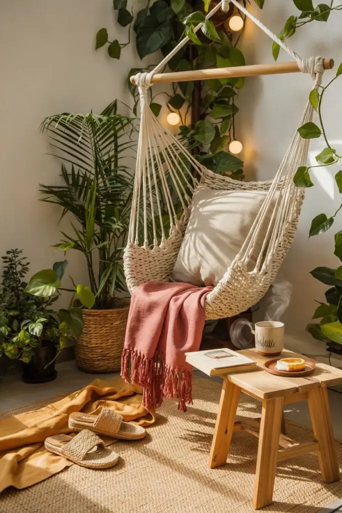 Swaying hammock chair with seafoam cushion, coral throw, teak side table with steaming mug, paperback, and lush potted palms creating a relaxed sunlit nook.