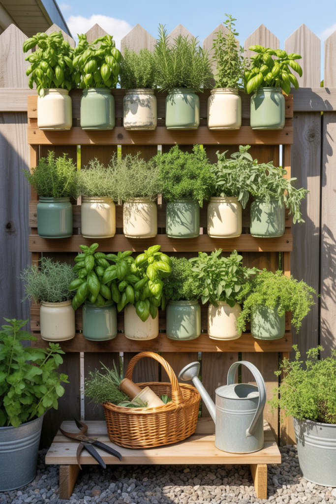 Vertical edible herb wall with mason jars and tin containers filled with basil, rosemary, and thyme, creating a kitchen-to-patio garden in a sunny backyard.