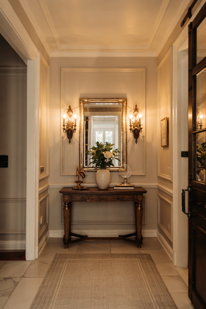 Classic heritage entryway with picture molding, marble console, brass lighting, and elegant timeless luxury design.