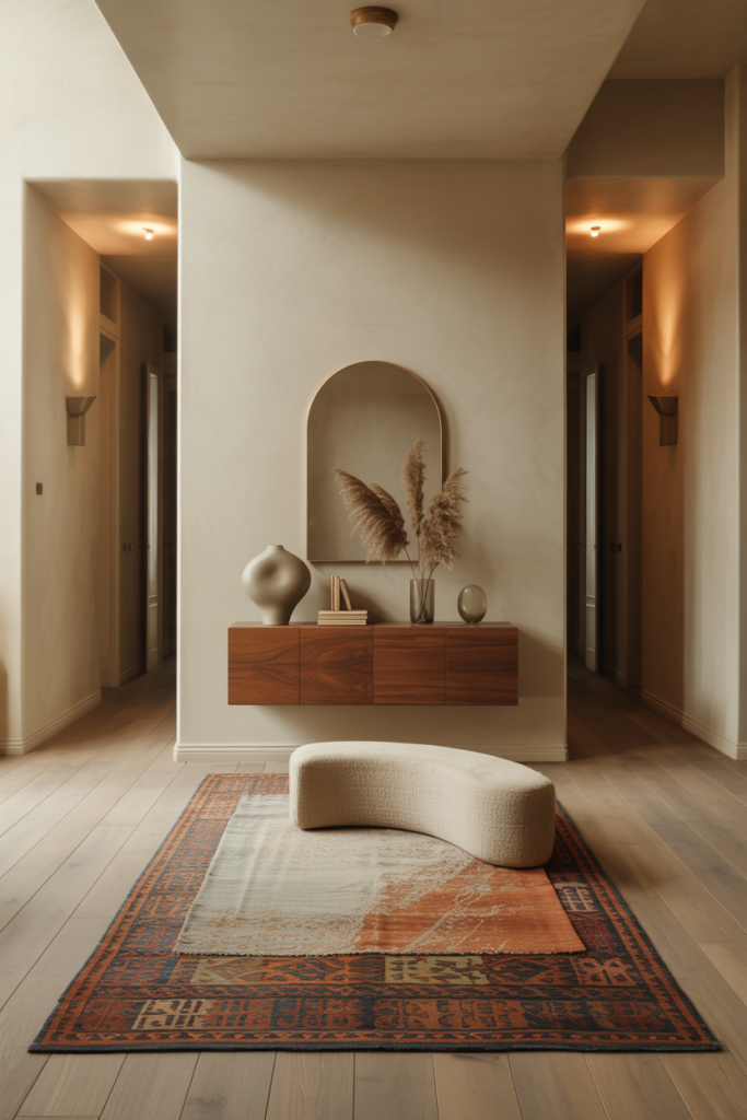 Front-view entryway with layered kilim and patterned rugs, walnut console, arched mirror, and cozy-luxe globally inspired design.