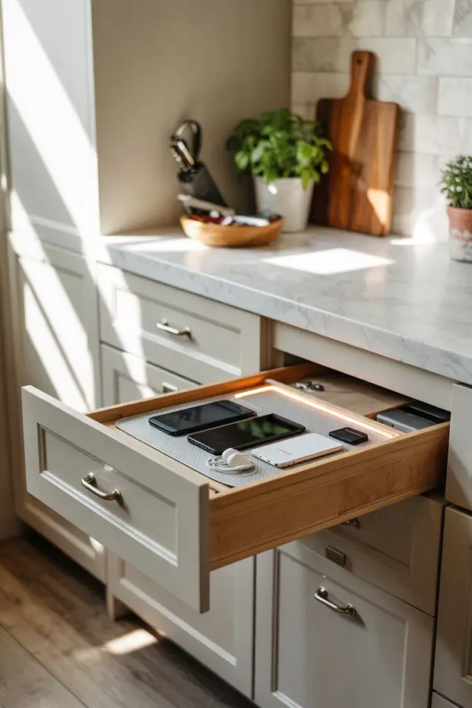 Open drawer revealing an integrated charging tray with built-in USB ports and concealed cable management; phones, tablet and earbuds charging on a padded surface inside a soft-touch wood-grain drawer, counters kept minimal.