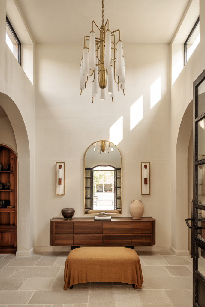 High-ceiling entryway with oversized chandelier, tall mirror, and elegant modern luxury design emphasizing dramatic vertical space.