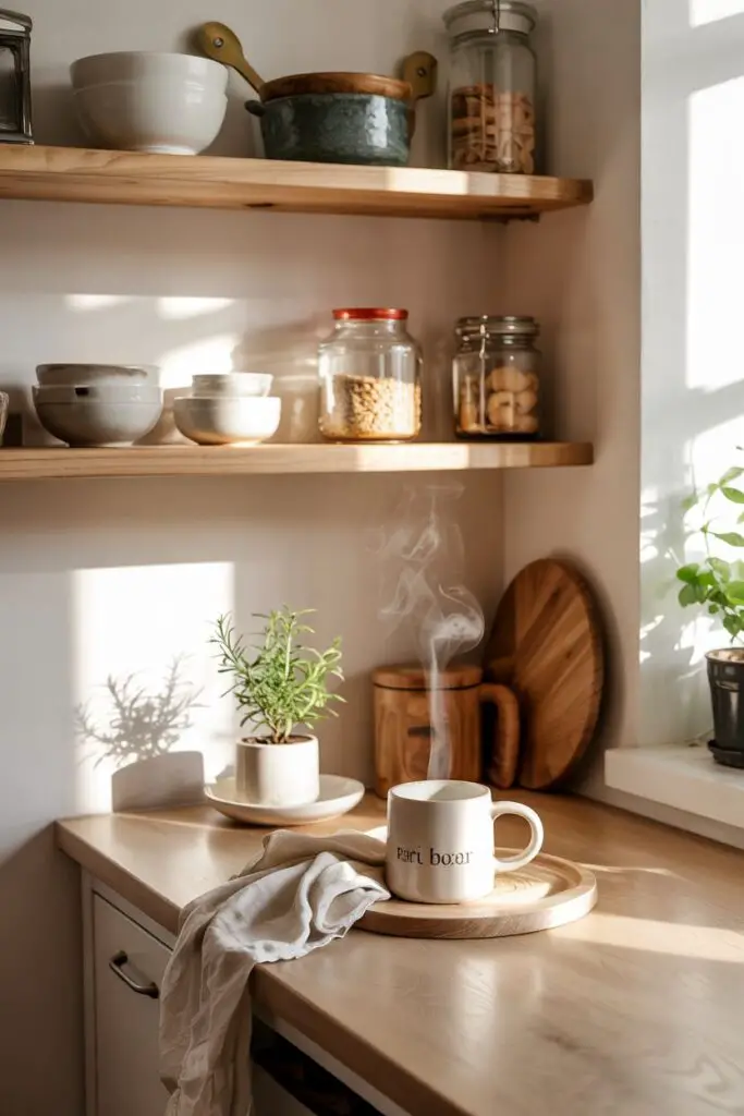 Cozy kitchen corner nook with a small oak table, open shelves holding ceramic bowls, glass jars, fresh fruit, herbs, and casual kitchen accessories creating a bright, lived-in space.