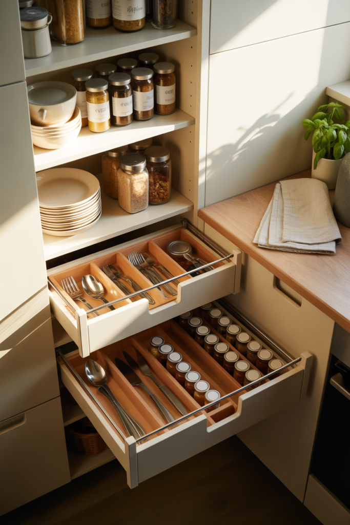 Organized kitchen pantry with tiered shelves, drawer inserts, and spice racks showing renter-friendly budget storage solutions.