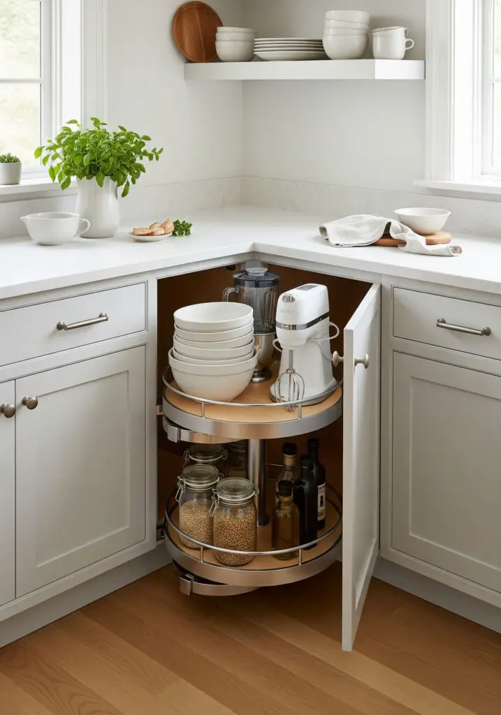 Open corner cabinet revealing a two-tier rotating carousel with stacked mixing bowls and small appliances on one tier and jars of grains, oils and condiments on the other; chrome glide hardware, quartz counter and warm oak flooring.