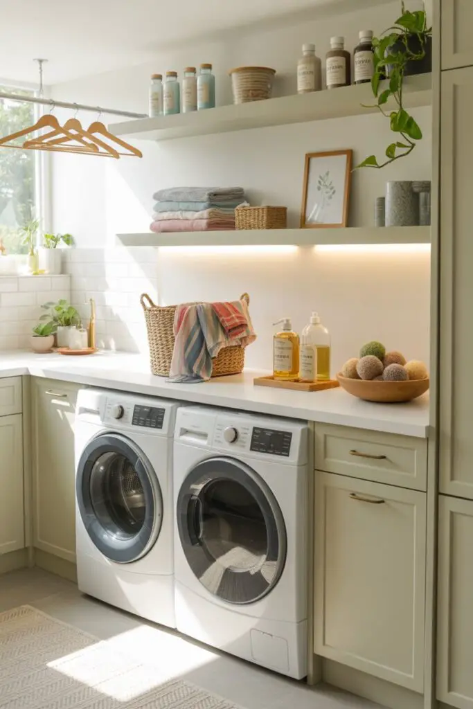 Fresh laundry nook with space-saving washer and dryer, light cabinetry, open shelves, folded clothes, and practical everyday storage details.