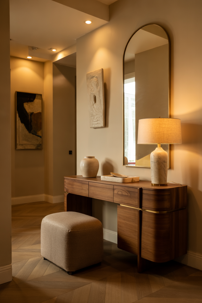 Modern entryway with layered lighting design using ambient, accent, and task lighting for a dramatic yet cozy luxe first impression.