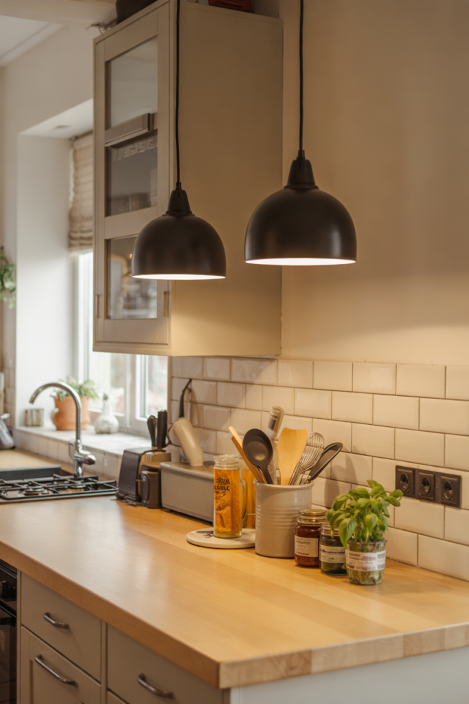 Kitchen with plug-in pendant lights above countertop, neutral décor, warm glow, and renter-friendly non-wiring lighting upgrade.