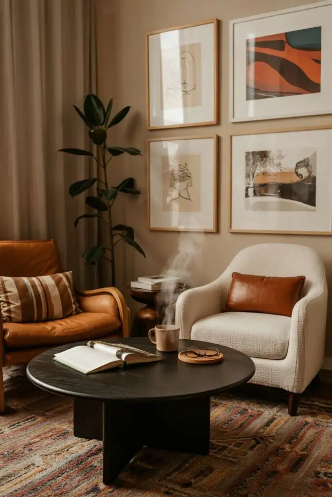 Layered living room nook with cozy chairs, colorful art wall, leafy plants, textured rug, and everyday styling that makes the space feel warm and lived-in.