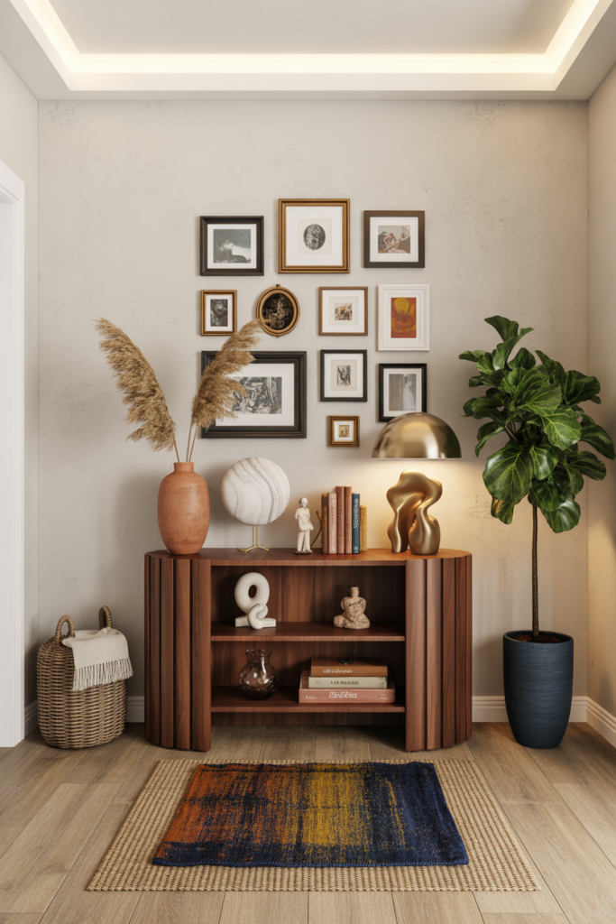 Refined maximalist entryway with curated gallery wall, walnut console, vibrant jewel tones, layered rugs, and cozy-luxe artistic styling.