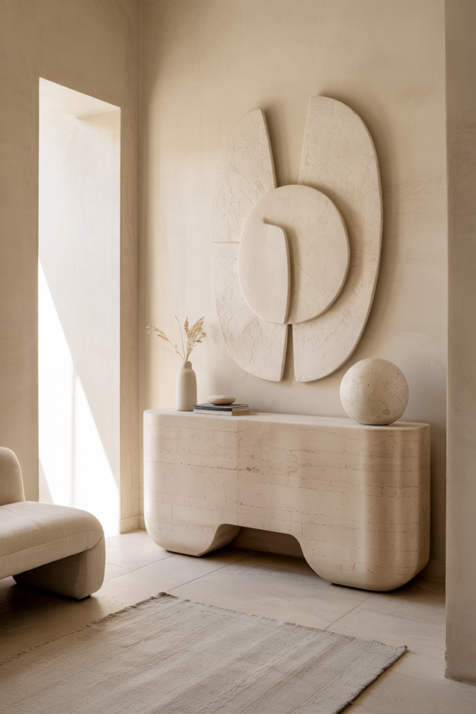 Sculptural minimalist entryway with travertine console, abstract plaster wall art, soft neutral palette, and cozy modern luxury feel.